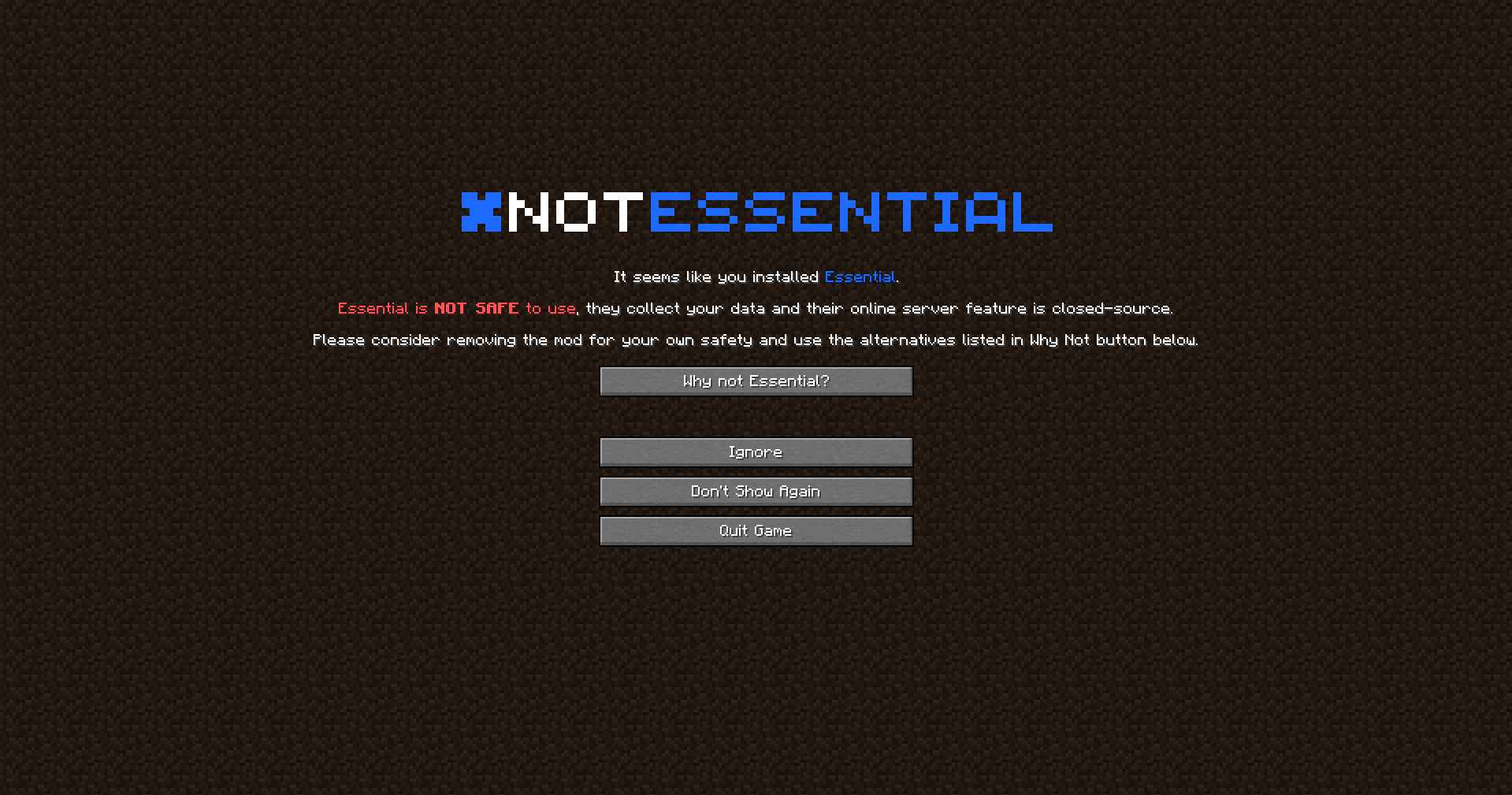 Essential Warning Screen