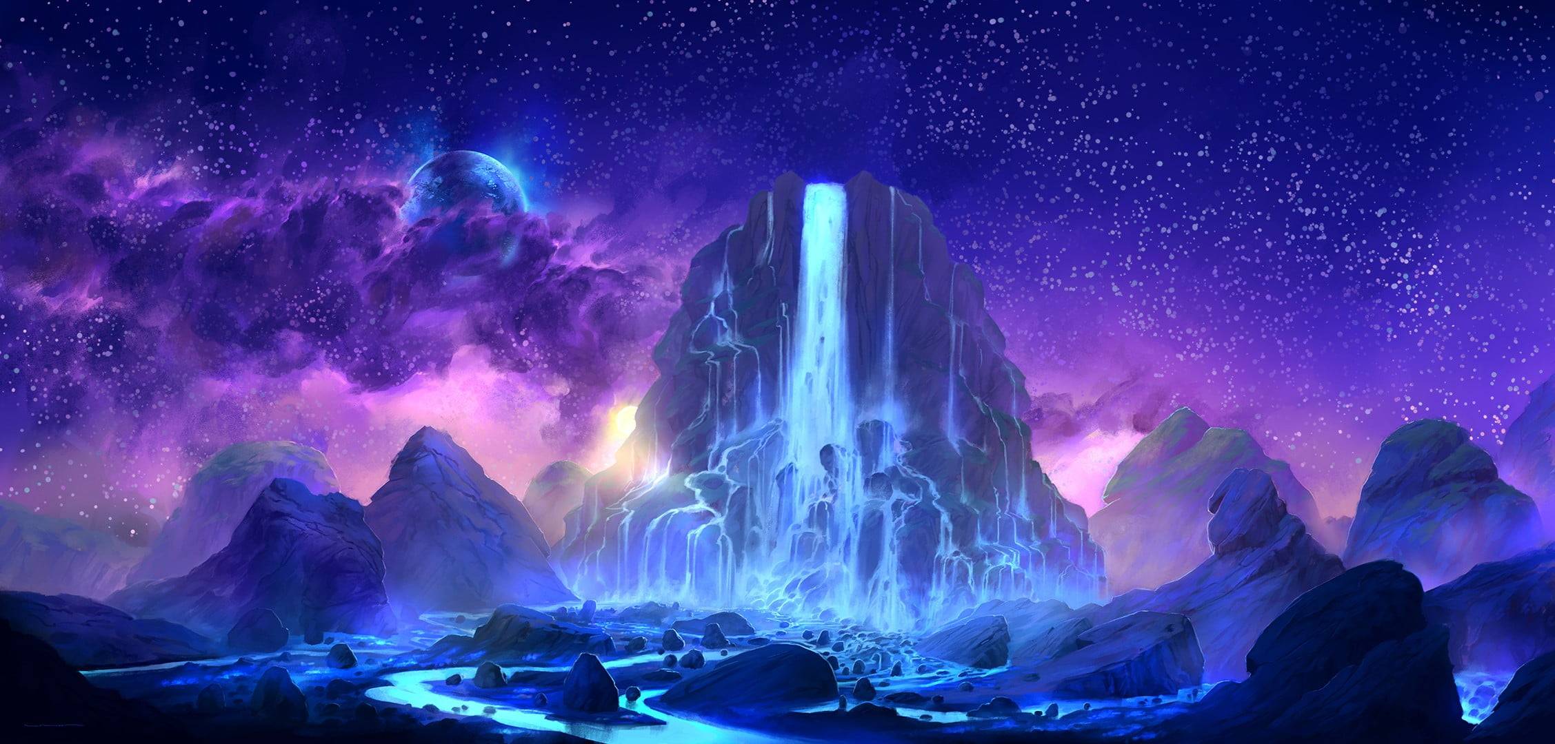 mountains and waterfall sky